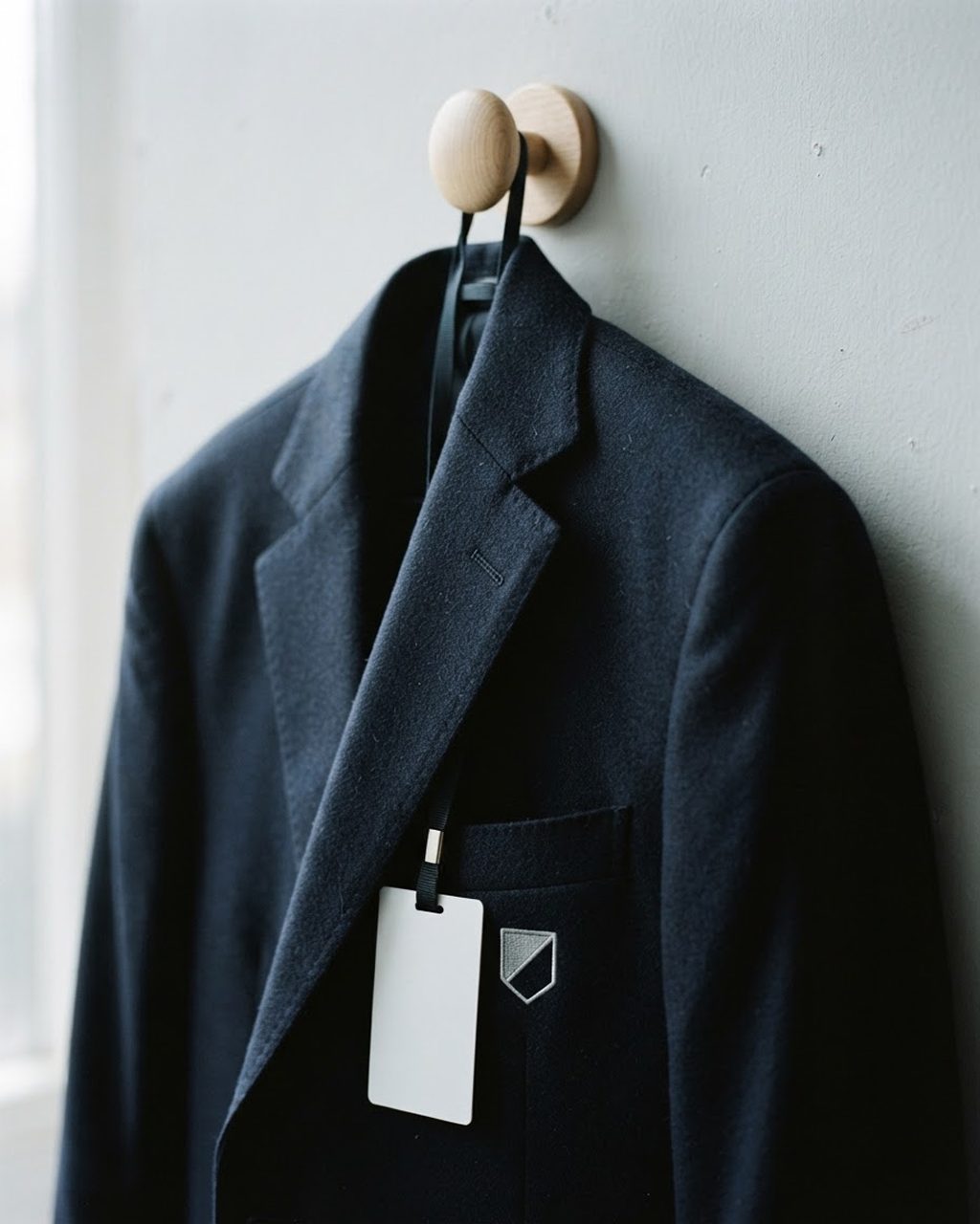 A school blazer on a hook, a lanyard card in its pocket
