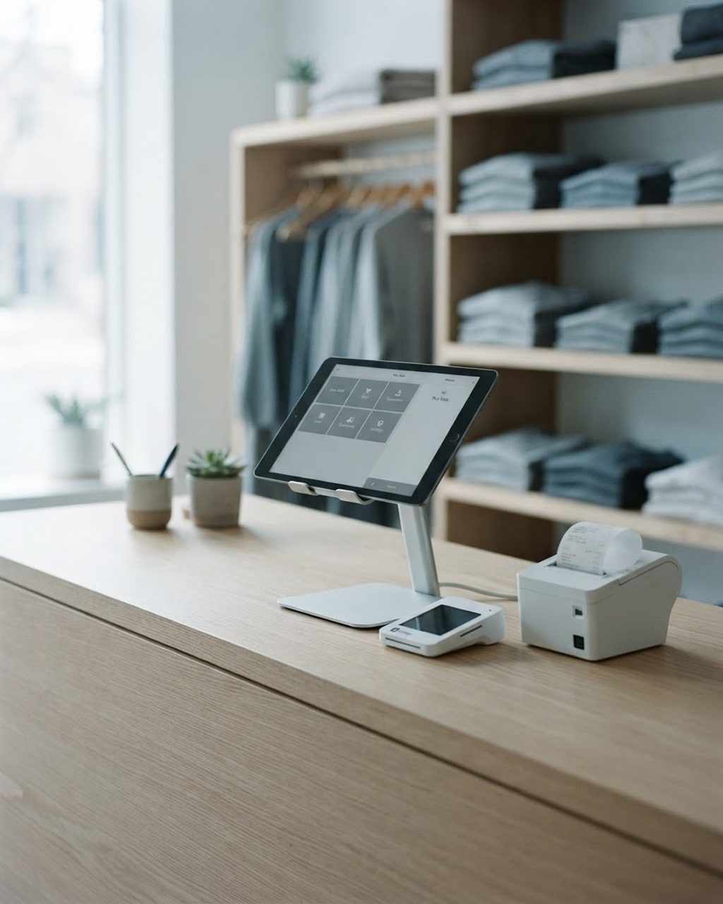 A shop counter with a tablet till, card reader and receipt printer